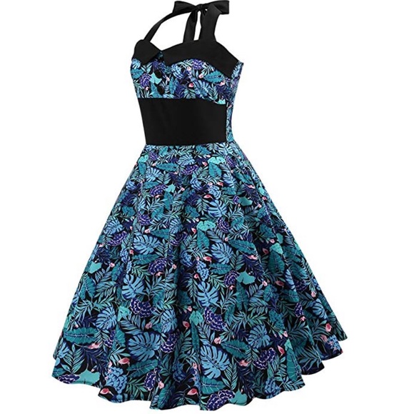 Plus Size Vintage Blue Smocked Pin Up Halter Dress - Picture 2 of 3